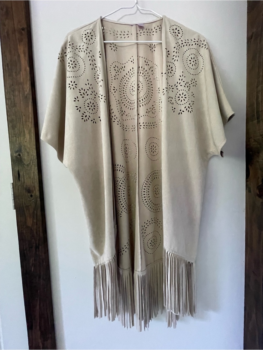 Cream Fringe Open-Front Women's Top with Laser-Cut Detail